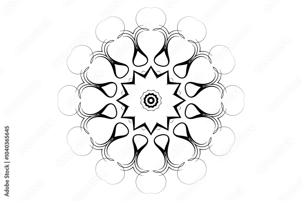 Black and white mandala featuring a central star motif with intricate, interconnected patterns
Black and white mandala featuring a central star motif with intricate, interconnected patterns