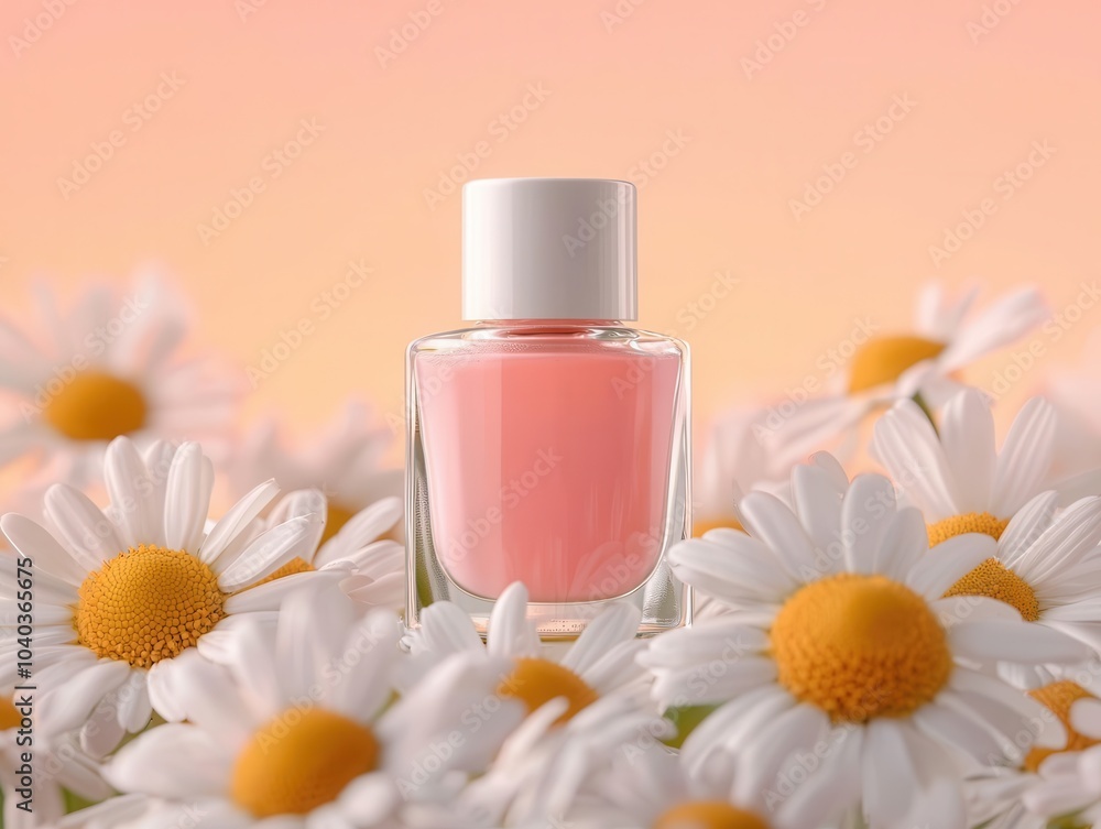 A stylish pink nail polish bottle surrounded by white daisies, set against a soft pastel background, epitomizing beauty and nature. A stylish pink nail polish bottle surrounded by white daisies, set against a soft pastel background, epitomizing beauty and nature.