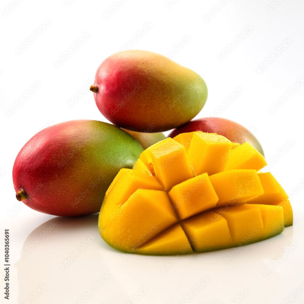mangoes whole and sliced scattered around background concept isolated white mangoes whole and sliced scattered around background concept isolated white