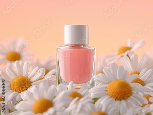 A stylish pink nail polish bottle surrounded by white daisies, set against a soft pastel background, epitomizing beauty and nature.