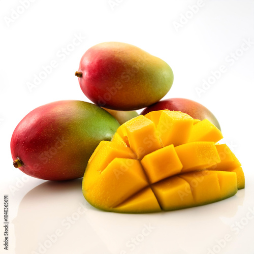 mangoes whole and sliced scattered around background concept isolated white