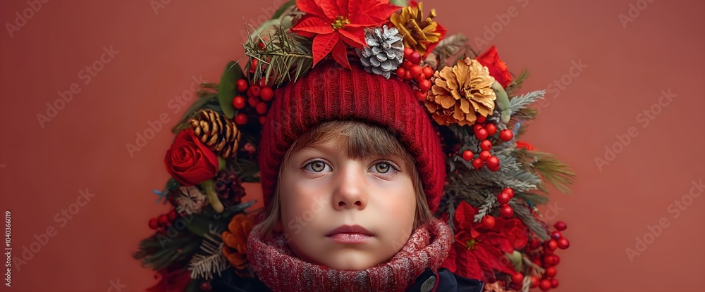 Child in red winter hat with Christmas decorations and berries. Holiday fashion and seasonal accessories marketing Child in red winter hat with Christmas decorations and berries. Holiday fashion and seasonal accessories marketing