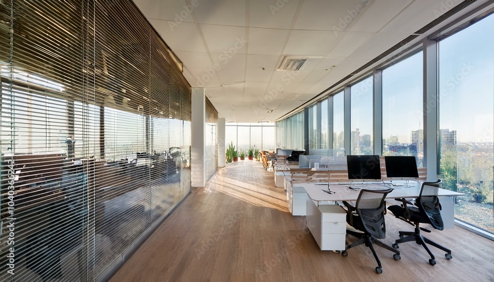 Modern sunny open space office design with glass walls along the corridor, computers, city view windows, white walls and wooden floor Modern sunny open space office design with glass walls along the corridor, computers, city view windows, white walls and wooden floor