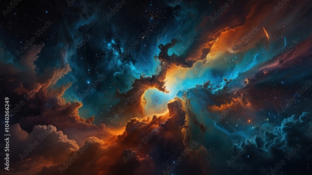 A vibrant nebula with swirling clouds of gas and dust illuminated by distant stars. A vibrant nebula with swirling clouds of gas and dust illuminated by distant stars.