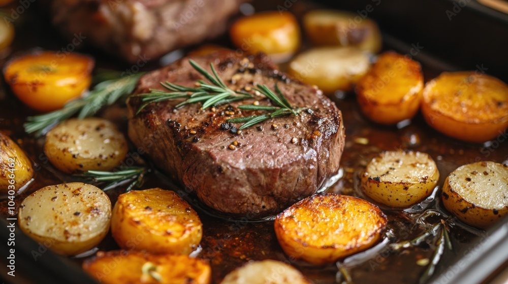Close-up of juicy steak and roasted potatoes in a baking dish. Close-up of juicy steak and roasted potatoes in a baking dish.