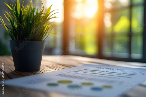 Office Desk with Documents and Plant at Sunrise photo