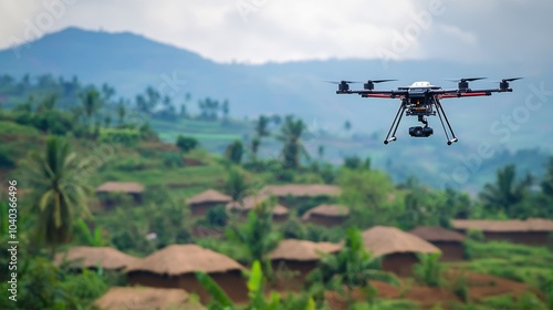 AI-driven robotic delivery drones transporting medical supplies to remote villages, humanitarian mission with aerial delivery drones, Humanitarian Aid style photo