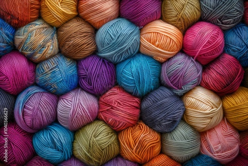 Background of colorful balls of wool threads for knitting, vibrant colors pattern. AI generative photo