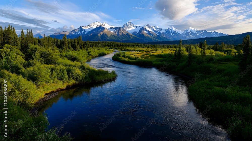 Fototapeta premium A winding river flows through a lush valley, with snow-capped mountains in the distance.