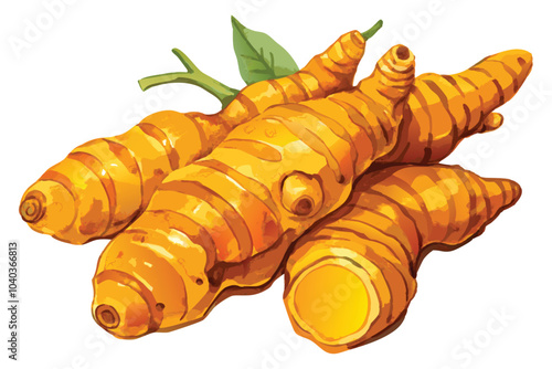 Watercolor Turmeric Bright Orange Roots and Slices,  Illustration on White Background