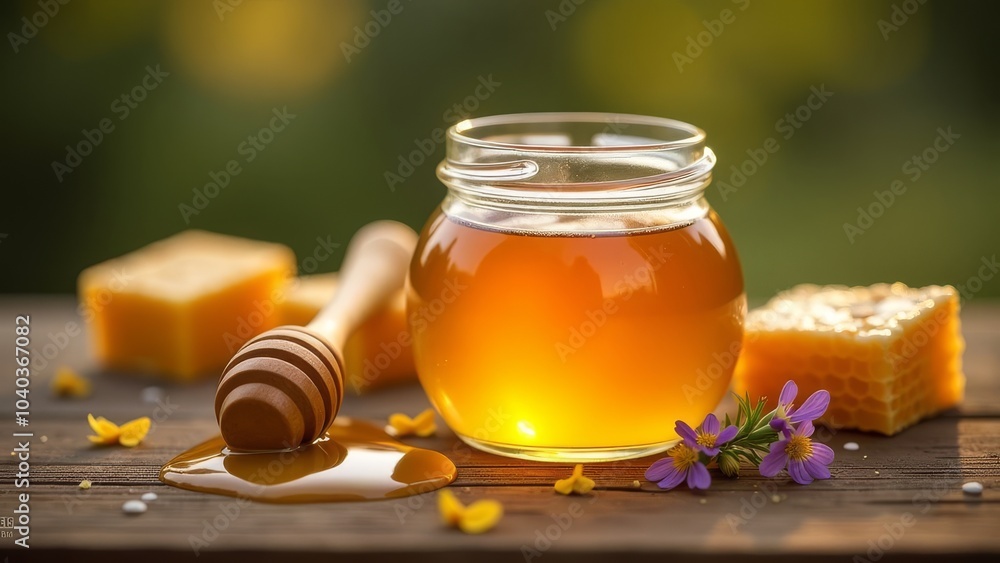 A jar of honey is sitting on a wooden table with a spoon and a piece of cheese A jar of honey is sitting on a wooden table with a spoon and a piece of cheese