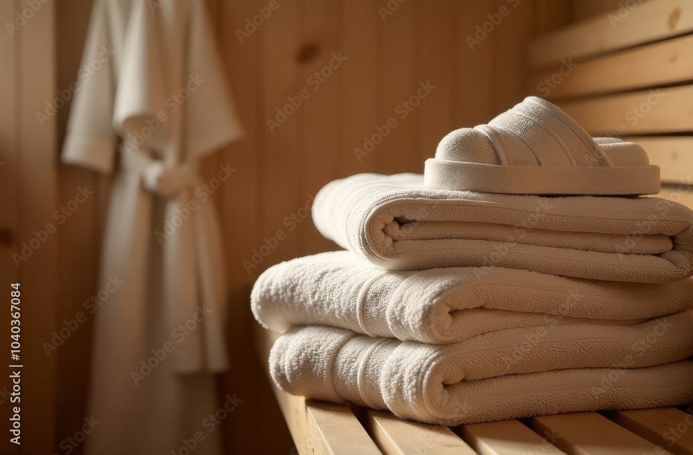 A stack of white towels on a wooden shelf next to a steamy window A stack of white towels on a wooden shelf next to a steamy window