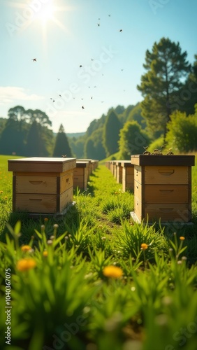 A row of beehives are lined up in a field