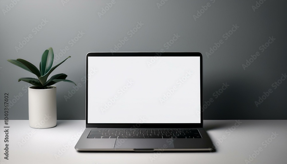 Fototapeta premium Open laptop with blank screen on a minimalist background, ideal for branding or presentation mockups. Generative AI