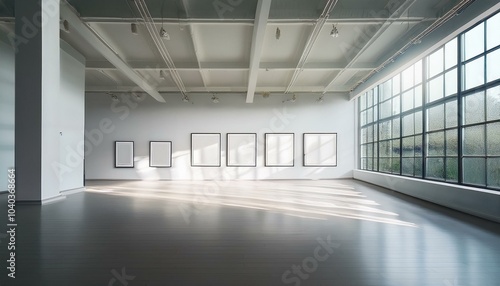 Suspended posters casting soft shadows in a bright white gallery. Art exhibition. Generative AI