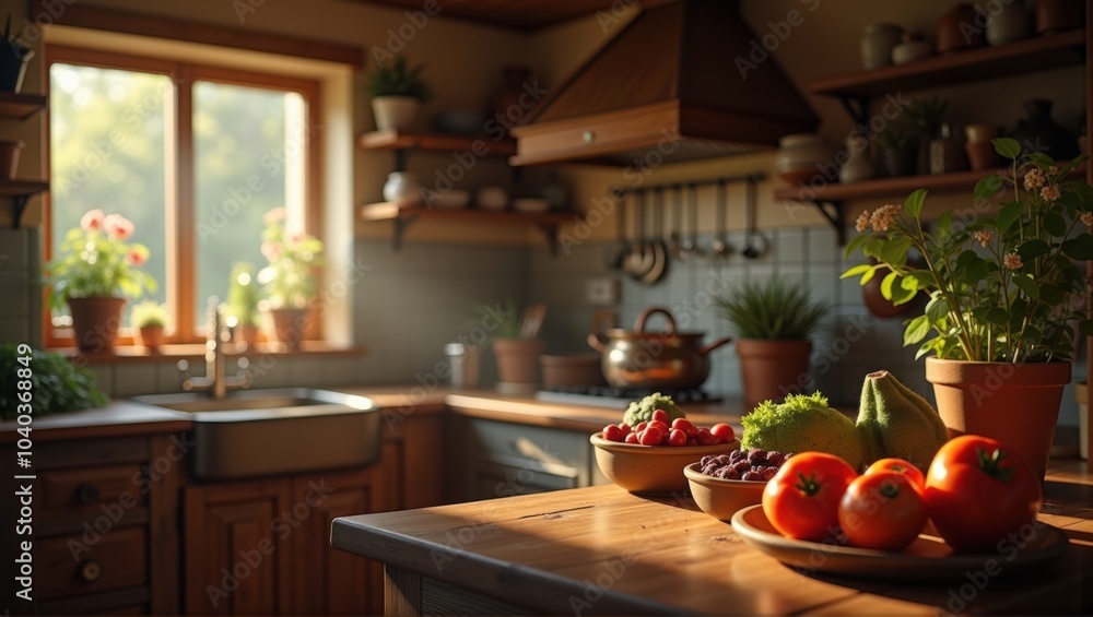 Generative, AI, Cozy kitchen interior with warm sunlight, wooden cabinets, fresh vegetables on countertop, potted plants by window.
Generative, AI, Cozy kitchen interior with warm sunlight, wooden cabinets, fresh vegetables on countertop, potted plants by window.