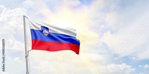 Slovenia flag waving on sky background. 3D Rendering