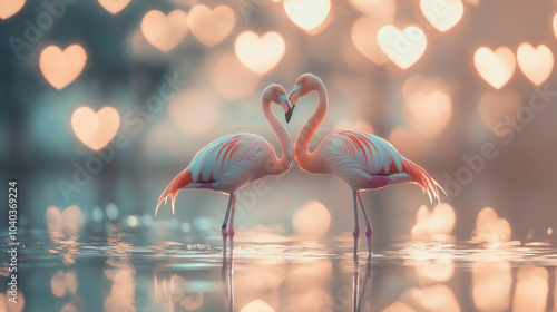 Two pink flamingos stand in the water, forming a heart shape with their necks amidst a background of radiant hearts photo