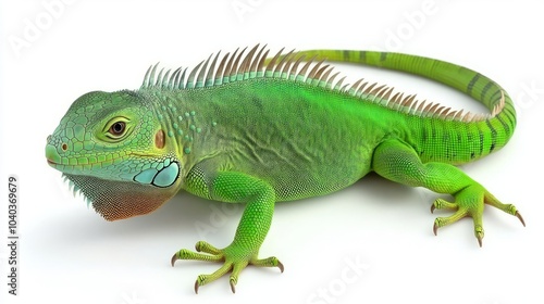 A green iguana lizard with a blue throat, isolated on a white background.