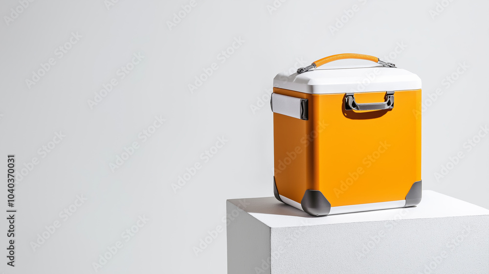Modern, portable orange cooler is standing on a white cube against a white background Modern, portable orange cooler is standing on a white cube against a white background