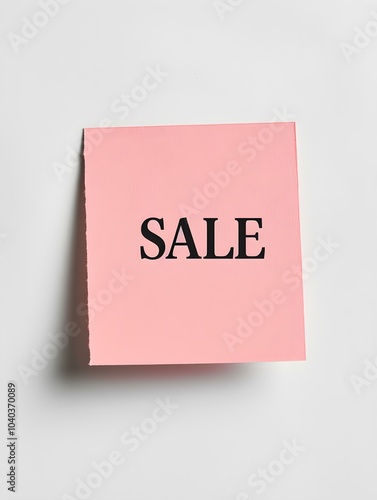 Black 'SALE' Text on a Light Pink Square Paper Note. White Background 