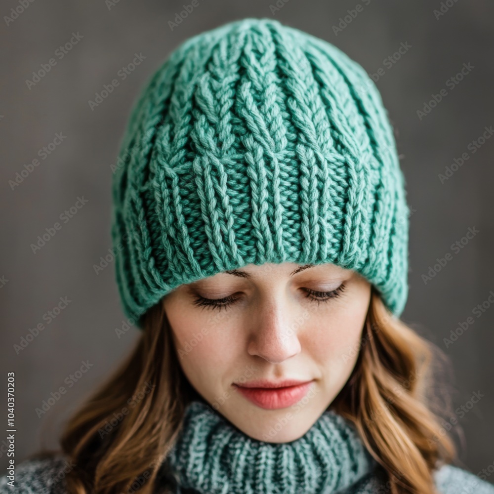 Woman in a knitted mint green beanie with a cozy sweater, looking downward. Woman in a knitted mint green beanie with a cozy sweater, looking downward.