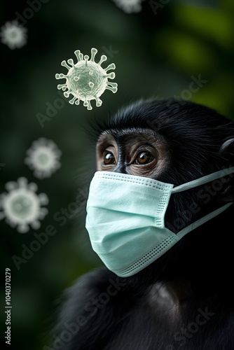 Sick monkey in medical mask and orthopoxvirus MPOX cells. Transmission monkeypox virus viral of animals to humans. Pox viral infection. Smallpox vaccine, control spread of disease photo