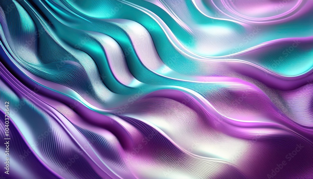 Fototapeta premium Flowing Abstract Waves: Serene Gradients of Teal, Purple, and Silver. Perfect for Modern Backgrounds, Tech Designs, or Minimalist Aesthetic Posters with Ample Copy Space for Branding or Marketing Text