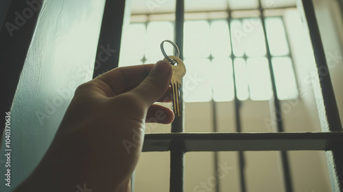 Prisoner is holding a key in his hand, in front of jail bars, symbolizing freedom