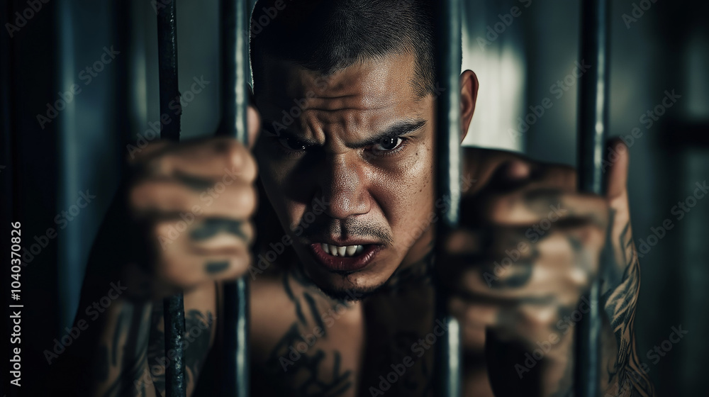 Angry prisoner with tattoos and no shirt gripping cell bars Angry prisoner with tattoos and no shirt gripping cell bars