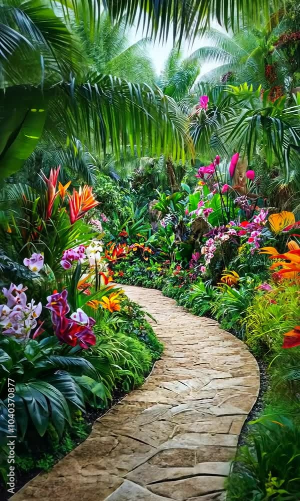 Lush garden pathway surrounded by vibrant tropical flowers. Lush garden pathway surrounded by vibrant tropical flowers.
