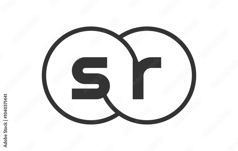 SR business company emblem with outline rounds and letters s r. Logo template of two merged circles for brand identity, logotype. Vector Infinity symbol SR business company emblem with outline rounds and letters s r. Logo template of two merged circles for brand identity, logotype. Vector Infinity symbol