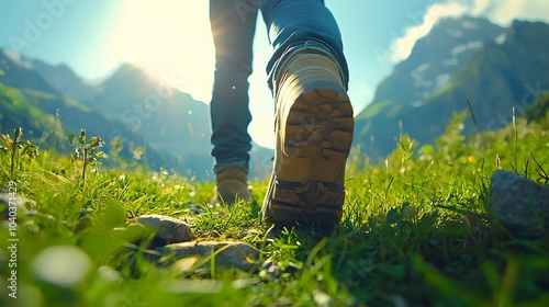 A close-up of a person's hiking boot stepping on grass in a scenic mountain landscape.