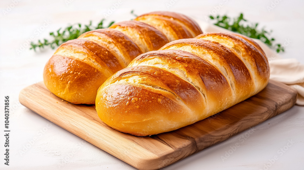 Two loaves of freshly baked bread on a wooden cutting board with fresh herbs in a warm, inviting kitchen setting Two loaves of freshly baked bread on a wooden cutting board with fresh herbs in a warm, inviting kitchen setting