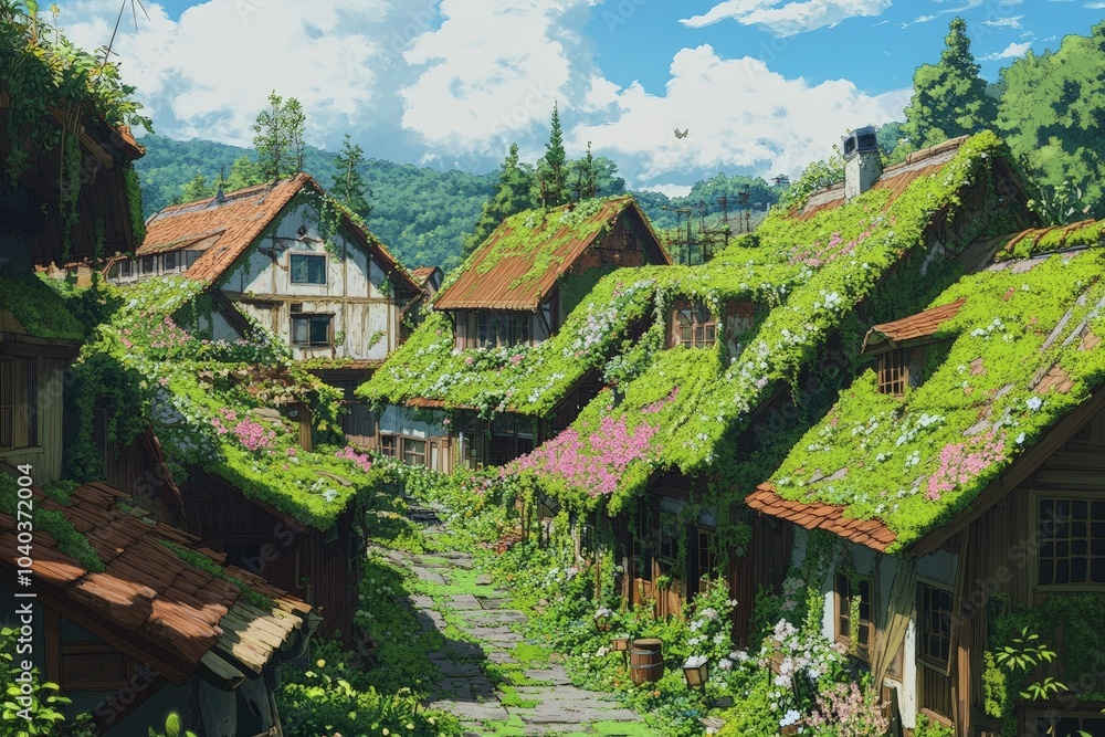 a painting of a village with green roofs a painting of a village with green roofs