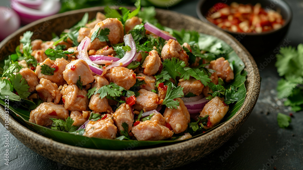 A flavorful dish of spicy chicken salad mixed with red onions, fresh cilantro, and chili peppers. Served on a banana leaf, this vibrant salad offers a perfect blend of heat and freshness. A flavorful dish of spicy chicken salad mixed with red onions, fresh cilantro, and chili peppers. Served on a banana leaf, this vibrant salad offers a perfect blend of heat and freshness.