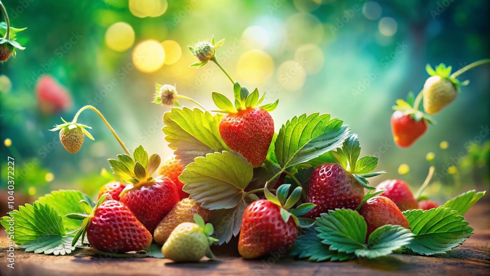 Watercolor Boho Strawberries with Green Leaves - Artistic Tilt-Shift Photography for Nature Lovers Watercolor Boho Strawberries with Green Leaves - Artistic Tilt-Shift Photography for Nature Lovers