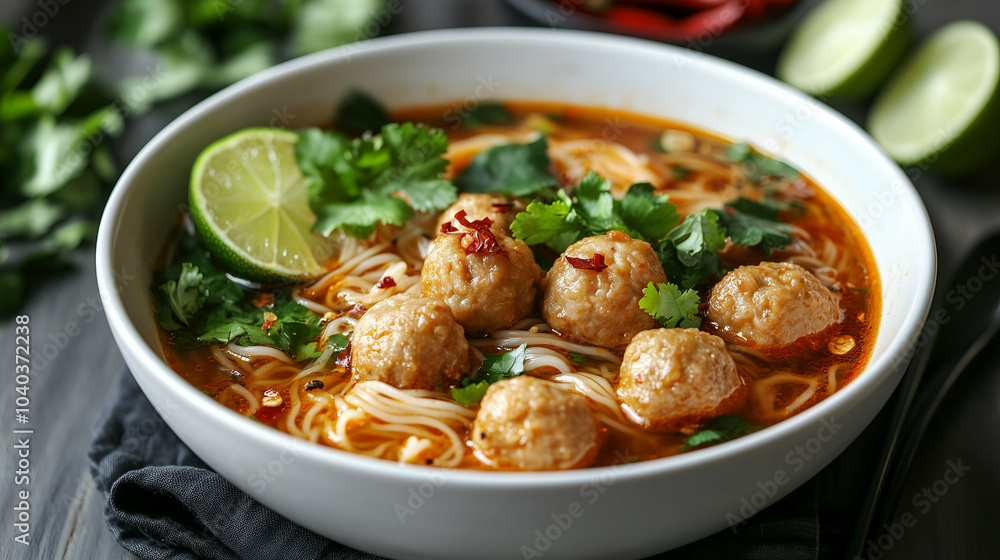 A steaming bowl of spicy noodle soup topped with tender meatballs, fresh cilantro, and a wedge of lime. The rich broth is infused with chili flakes, giving it a fiery flavor. A steaming bowl of spicy noodle soup topped with tender meatballs, fresh cilantro, and a wedge of lime. The rich broth is infused with chili flakes, giving it a fiery flavor.