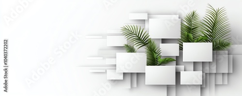 A modern composition featuring white frames and green ferns, creating a fresh and minimalist aesthetic.