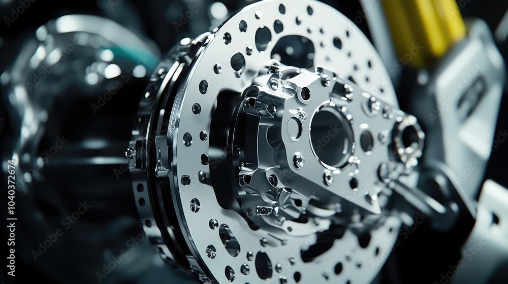 Detailed shot of Formula 1 brake calipers and discs, highlighting performance components with precision Detailed shot of Formula 1 brake calipers and discs, highlighting performance components with precision