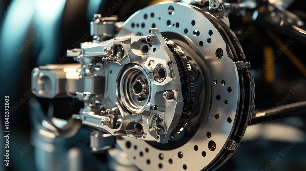 Detailed shot of Formula 1 brake calipers and discs, highlighting performance components with precision Detailed shot of Formula 1 brake calipers and discs, highlighting performance components with precision