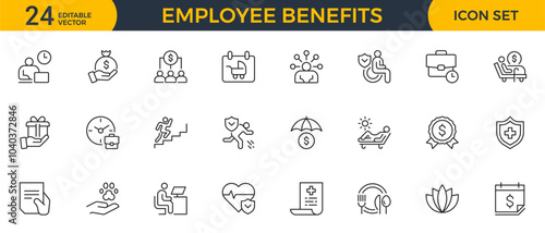 Employee benefits line icon set. Maternity leave, paid leave, meals, insurance, company transport, bonuses, protection from dismissal and more. Outline icon in linear style. Vector collection.