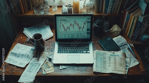 Cozy Workspace with Laptop and Financial Newspapers