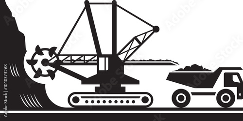 Earth mover loading truck with ore from open pit - vector illustration