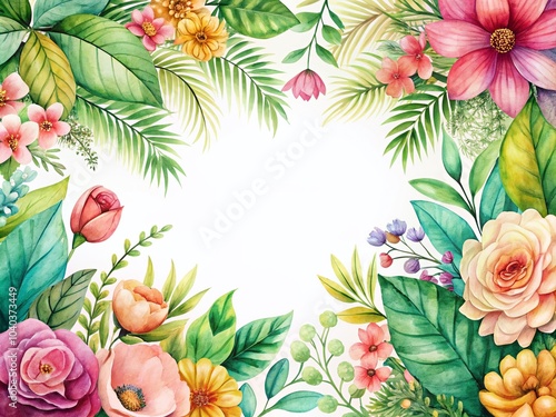 Watercolor Flower and Botanical Leaves Frame Background for Creative Designs