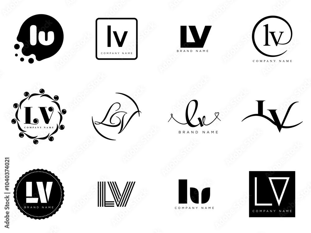 LV logo company template. Letter l and v logotype. Set different classic serif lettering and modern bold text with design elements. Initial font typography. LV logo company template. Letter l and v logotype. Set different classic serif lettering and modern bold text with design elements. Initial font typography.