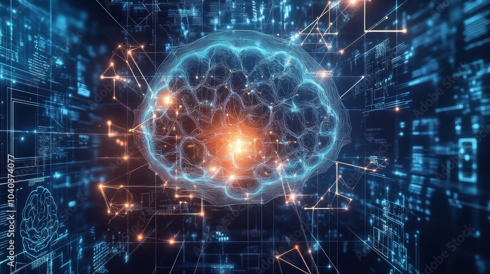Futuristic background designed, symbols, and brain-inspired shapes. Futuristic background designed, symbols, and brain-inspired shapes.