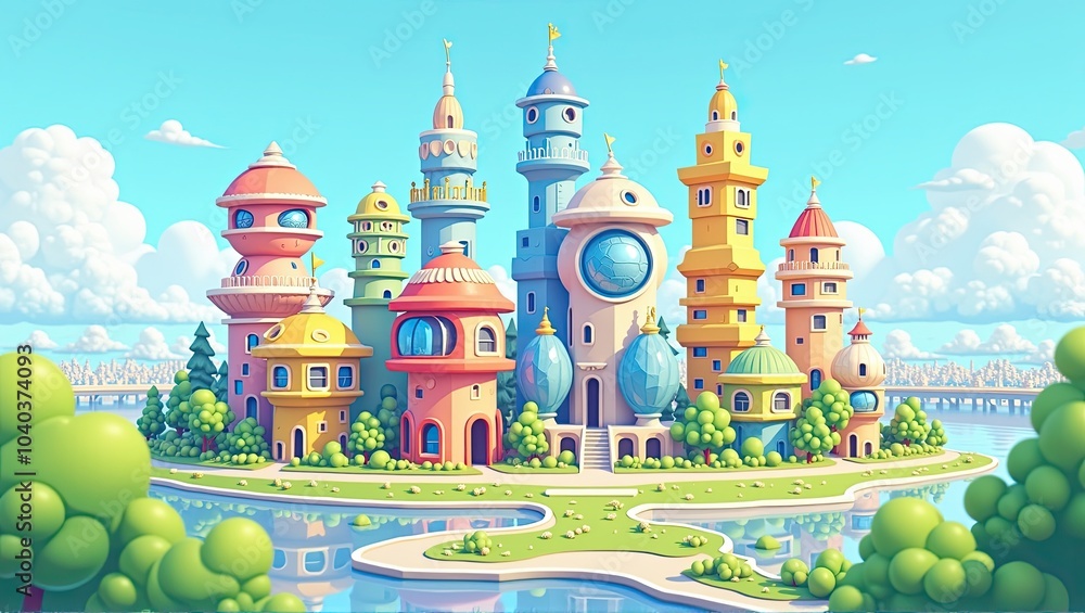 Generative, AI, Colorful stylized cityscape with whimsical architecture and vibrant tones under a clear sky.
Generative, AI, Colorful stylized cityscape with whimsical architecture and vibrant tones under a clear sky.