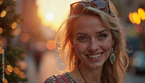 Smiling young woman with sunglasses and earrings at sunset with bokeh background 