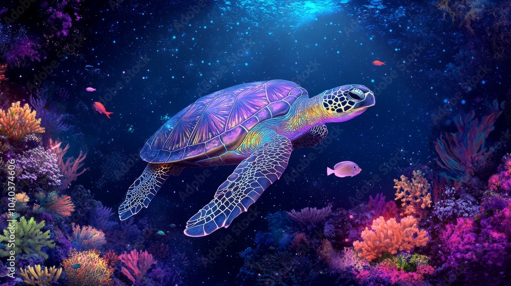 A sea turtle swims gracefully through vibrant coral reefs, with colorful fish in the background. A sea turtle swims gracefully through vibrant coral reefs, with colorful fish in the background.